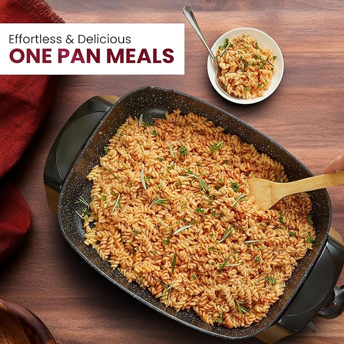 Elite Gourmet EG-6203X Extra Deep 16"x13"x3.2" (10.5Qt.) Scratch Resistant, Easy Pour Spout, Dishwasher Safe, Non-stick Electric Skillet with Vented Glass Lid, Adjustable Temperature, Black