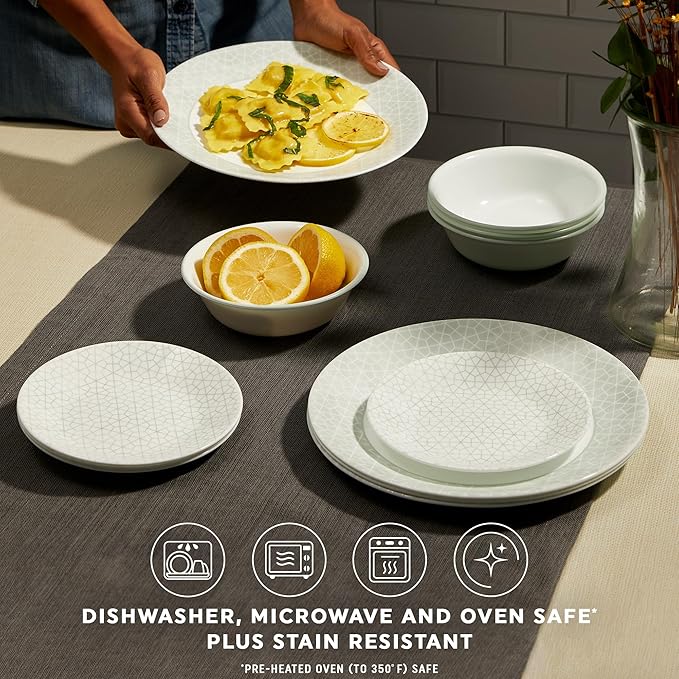 Corelle Vitrelle 18 Piece Glass Dinnerware Sets Service for 6, Triple Layer Chip & Crack Resistant Glass Plate and Bowl Sets, Knox