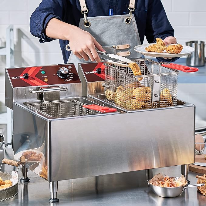 EGGKITPO Deep fryers Commercial Deep Fryer 12L x 2 Large Dual Tank Electric Countertop Fryer for Restaurant with 2 Frying Baskets and Lids, 1800W x 2, 120V
