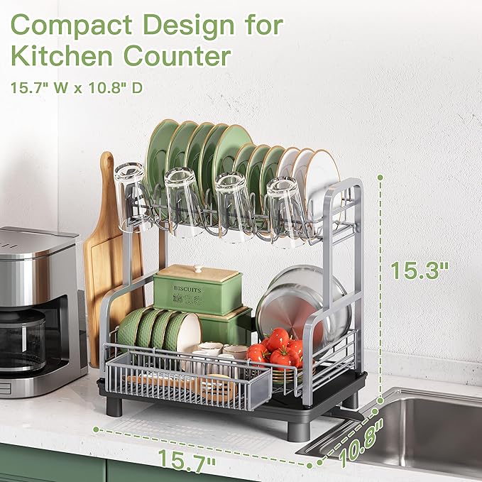 romision 2 Tier Compact Stainless Steel Dish Drainers Drying Rack for Kitchen Counter, Space Saving, Rust Proof Plate Strainers Holder On Countertop with Drainboard, Modern Gray, Small