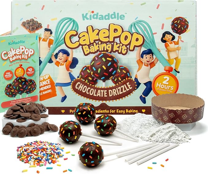 Kidaddle DIY Cake Pop Kit for Kids – Chocolate Drizzle | Kid Baking Kit with Premeasured Ingredients, Decorating Supplies | Made in USA | Certified Kosher | Christmas Kids Gift for Girls & Boys