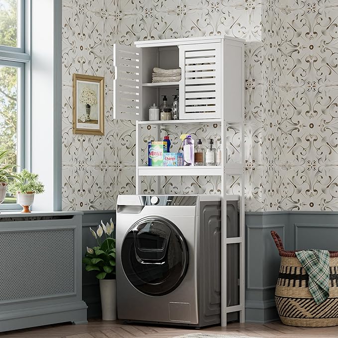 SMIBUY Bathroom Over The Toilet Storage Cabinet, 2 Door Bamboo Cabinet Organizer, Freestanding Space Saver Toilet Rack with Adjustable Inside Shelf and Open Shelf (White)