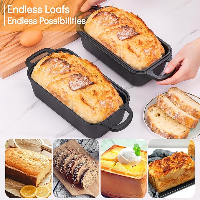 GRMImosa 2 in 1 Cast Iron Bread Loaf Pan with Lid, Loaf Pans for Baking Bread 9x5 Inch, Even Heat Distribution for Meatloaf, Homemade Bread