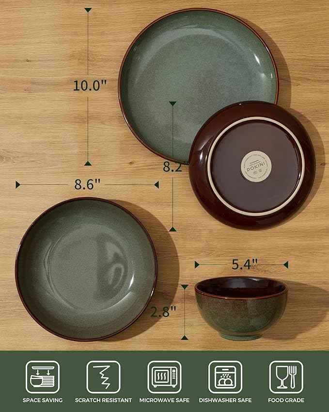 32 Piece Double Bowl Dinnerware Sets with Pasta Bowls, Highly Chip and Crack Resistant Plates and Bowls Sets, Natural Earthyware Ceramic Dishware Sets, Service for 8 Sage Green