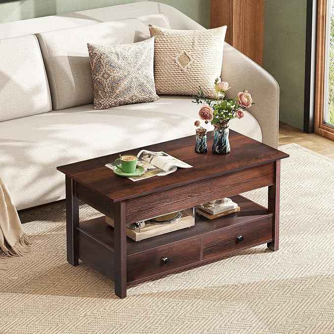 WLIVE Coffee Table, Lift Top Coffee Table with 2 Drawers, Large Hidden Compartment and Open Storage Shelf, Lift Tabletop, Dining Table for Living Room, Espresso