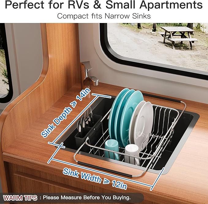 Apartment RV Small Dish Drainer Drying Rack Over The Sink In Stainless Steel for Narrow Kitchen, Counter Space Saving Compact Expandable Metal Plate Dryer Strainer, Modern Above Wire Drain Holder