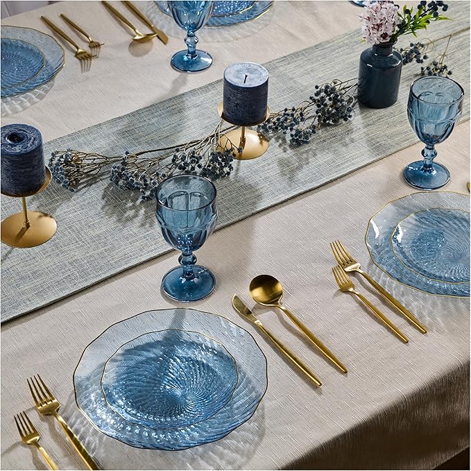 PLASTICPRO 60 Pack Plastic Plates Set of 30-10 inch Plates and 30-7 inch Plate, Elegant Clear Blue Spiral and Gold Rim Disposable Fancy Plate Premium Heavyweight