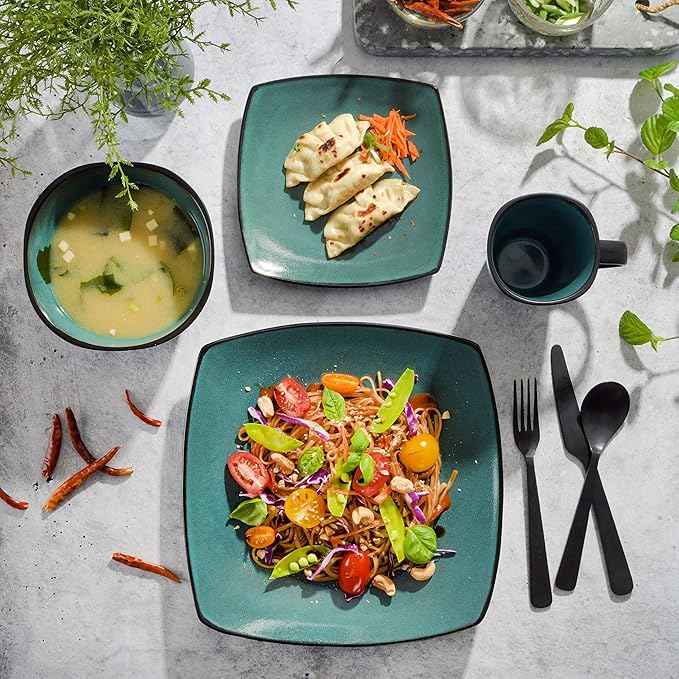 Gibson Elite Soho Lounge 16-Piece Reactive Glaze Dinnerware Set – Teal and Black Tutone Stoneware Plates and Bowls