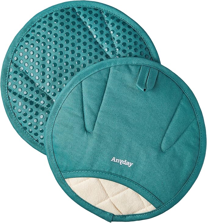 Anyday Oven Mitts with Non-Slip Silicone Grip, Set of 2 | Heat-Resistant Pot Holders with Non-Slip Liner | Universal Fit Circular Quilted and Silicone-Lined Gloves