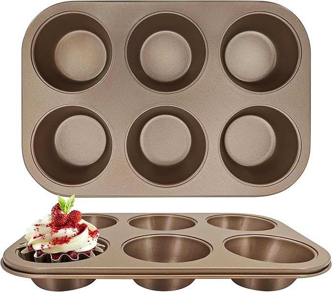 Satax Muffin Pan for Baking, Nonstick Cupcake Tin 6 Cup,sets of 2,Heavy Duty Steel Muffin Pan (Gold, 6-cup)