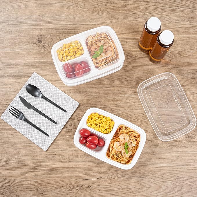 Restaurantware Asporto 26 Ounce Compartment Take Out Boxes, 100 Microwavable Meal Prep Containers - 3 Compartments, With Clear Plastic Lids, White Plastic Food Containers, Do Not Contain BPA