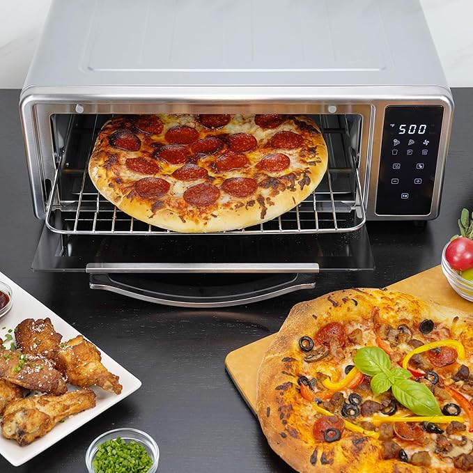 Kalorik MAXX Air Fryer Pizza Oven with Stone, Turbo-Heat Technology Up To 600F Featuring Touchscreen Controls with 6 Preset Functions Fits 12-Inch Pizzas, 1700-Watts, Stainless Steel