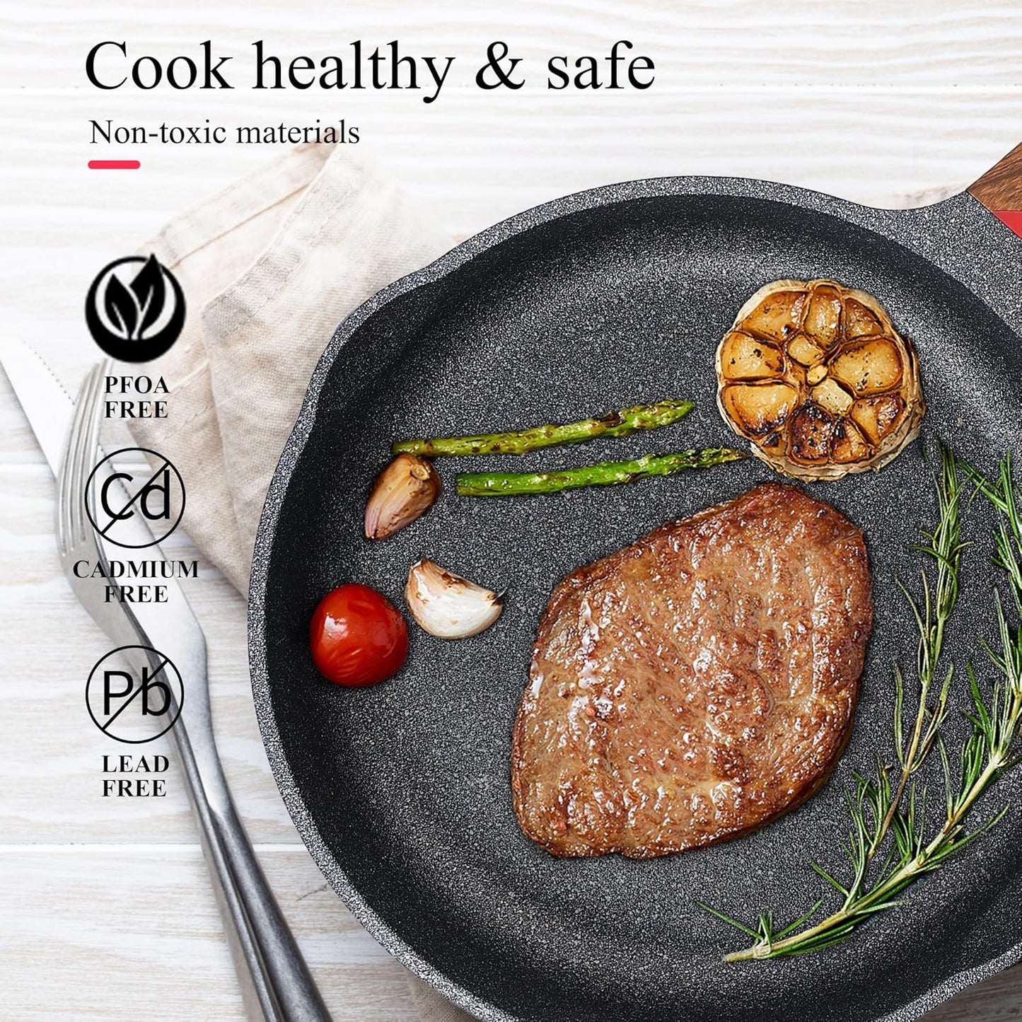 Vinchef Nonstick Frying Pan Anti Scratch,11 Inch Skillet Cast Aluminum Cookware with Wooden Stay Cool Handle, Induction Compatible