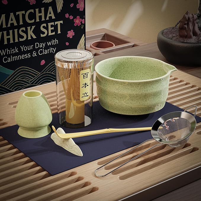 8-Piece Matcha Whisk Set – Ceramic Bowl & Bamboo Tools, Complete Japanese Matcha Tea Ceremony Kit, Green Speckled Chawan with Spout, Matcha Starter Set for Home Rituals & Gifts