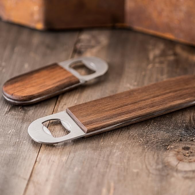 Dropcatch Handheld Bar Blade Bottle Opener | Flat Beer Cap Bottle Opener | Durable Bartender or Home Tool | Heavy Duty Stainless Steel & Walnut Finish | Standard 7” x 1.5”