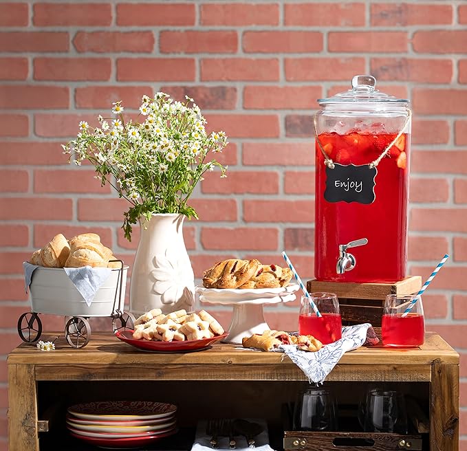 2 Gallon Beverage Dispenser with Stainless Steel Spigot + Marker & Chalkboard 100% Leakproof Glass Drink Dispenser for Parties with Spout, Airtight Beverage Serveware for Water Juice Laundry