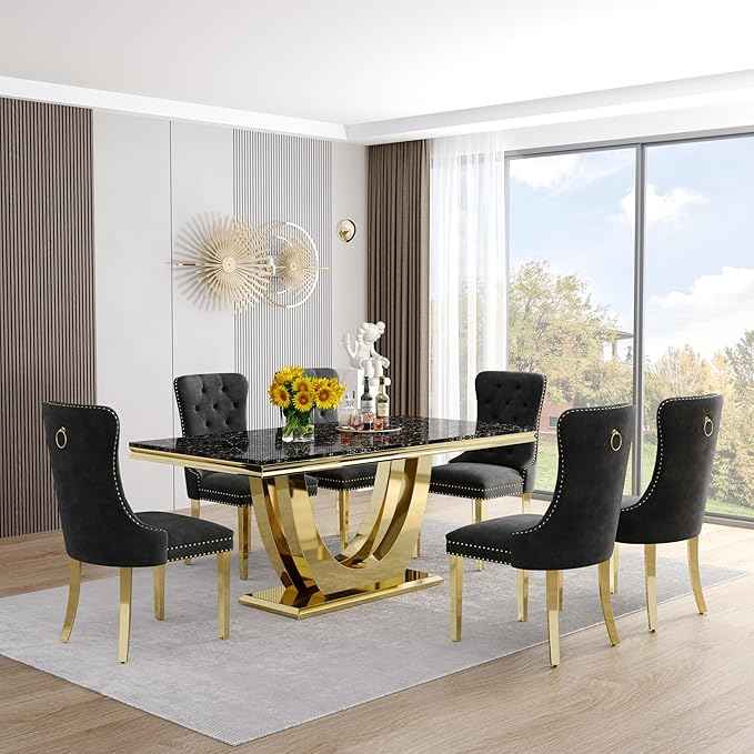 Marble Dining Table Set for 6,70" Black Faux Marble Kitchen Tables and Velvet Chairs for 6,7 Piece Luxury Dining Room Table Set and 6 Upholstered Chairs with Gold Stainless Steel Bases
