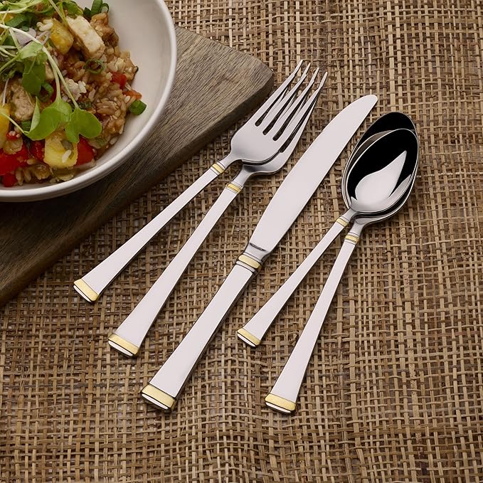 Mikasa Gold Accent Harmony Flatware Set for 12, 65 Piece 18/10 Stainless Steel Silverware with Gold-Trimmed Handles and Serving Utensils, Elegant Dinnerware Service