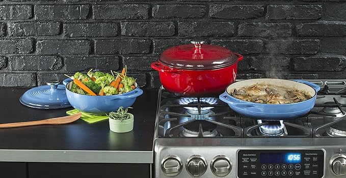 Lodge 4.5 Quart Enameled Cast Iron Dutch Oven with Lid – Dual Handles – Oven Safe up to 500° F or on Stovetop - Use to Marinate, Cook, Bake, Refrigerate and Serve – Caribbean Blue