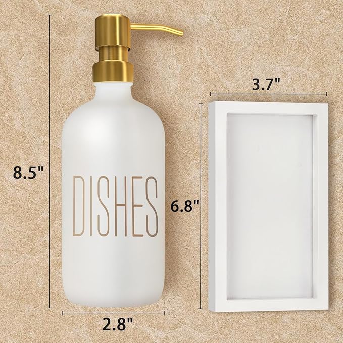 Soap Dispenser Set, Contains Hand Soap Dispenser and Dish Soap Dispenser for Kitchen， Glass Soap Dispenser with Stainless Steel Pump，for Luxury Gold Kitchen Counter Decor，（White）