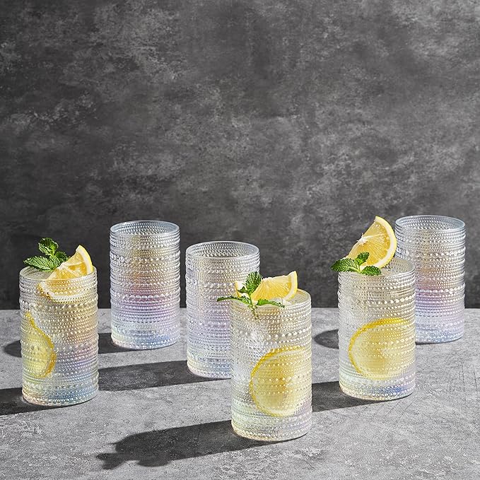 Hobnail Beaded Highball Drinking Tumbler Glasses | Set of 6 | Iridescent Pearl Vintage Bubble Design Glassware, Old-Fashioned, Embossed Design, Water, Wine, Cocktail Embossed Heavy Glass, Rocks Glass