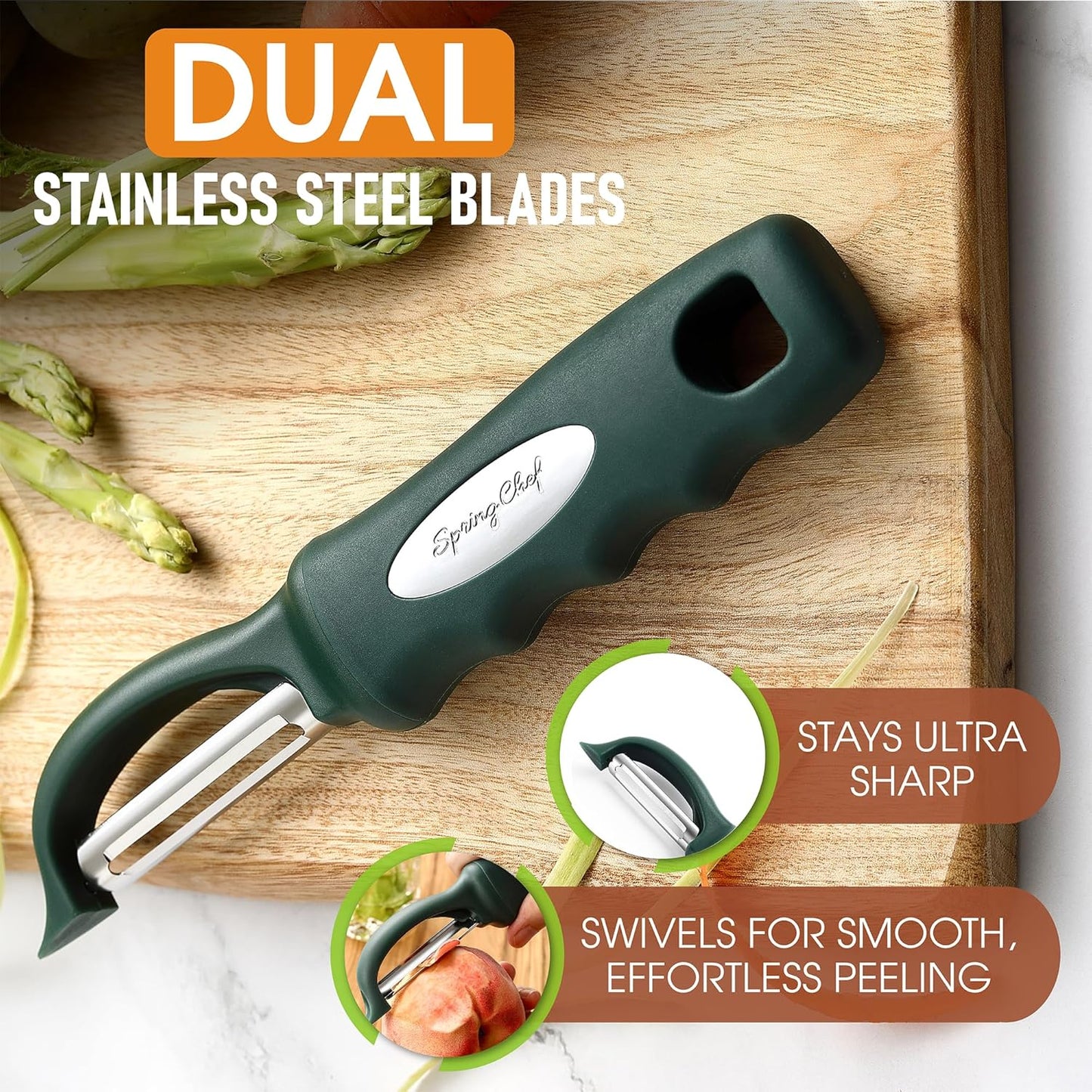 Spring Chef Professional Swivel Vegetable Peeler for Kitchen, Stainless Steel Potato Peeler with Comfortable Handle, Great for Apple, Veggie, Carrot, Cucumber - Dishwasher Safe - Pine Green
