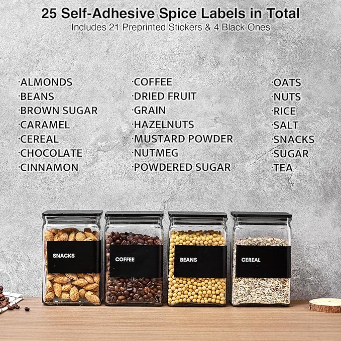 Glass Storage Jars with Bamboo Lids, 27oz Square Food Storage Containers for Kitchen Pantry Organization, Storage Canisters with Labels for Cereal Flour Beans Tea, Large Spice jars Seasoning Bottles