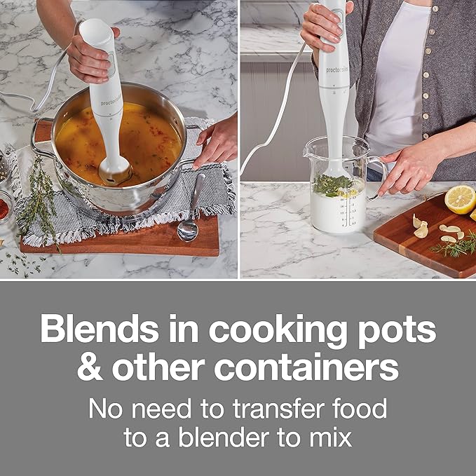 Proctor Silex Electric Immersion Blender with Detachable Dishwasher Safe Handheld Hand Blender Stick, 2-Speeds, 150 Watts, White (59739)