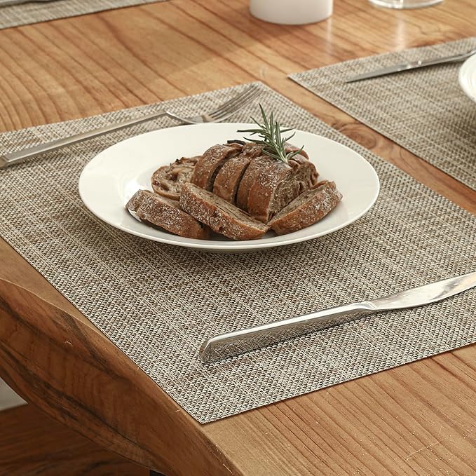 Leetaltree Linen Yellow Placemats Set of 4 - Heat Resistant Non-Slip Place mats for Dining Table, Washable Durable PVC Vinyl Woven Table Mats（Linen Yellow, 4）
