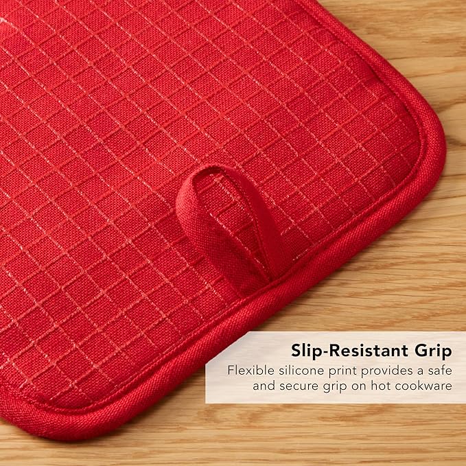KITCHENAID Gourmet Series Gridlines Pot Holders 2-Pack Set, Heat Resistant up to 600°F, Soft Silicone Grip, Magnetic Cuff, Passion Red, 8"x8"