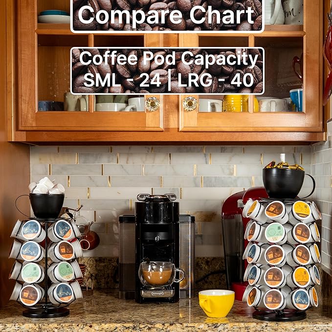 Made Easy Kit Carousel Coffee Pod Organizer - Compatible with Keurig K-Pods K-Cups - Countertop 360 Spin Rack Storage - Lazy Susan Revolving Base Metal (Black Coffee Mug, Small (24 Pods))