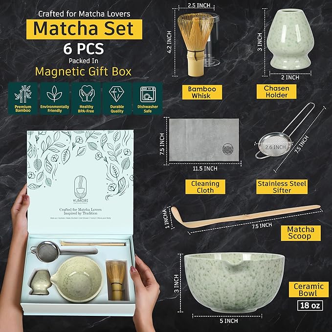 6 Pcs Matcha Whisk Set | Matcha kit with Mottled Green Bowl, Bamboo Whisk, Scoop, Sifter, Holder for whisk & Cleaning Cloth, Traditional Matcha Set in Magnetic Gift Box