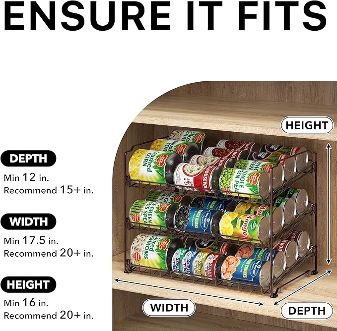 Simple Houseware Stackable Can Organizer Rack for Pantry/Cabinet – 11.5" D x 17" W x 13.75" H, Holds 36 Cans, 3-Tier Can Food Storage Dispenser, Bronze