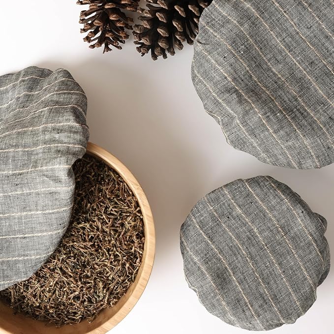 100% Linen Stripe Bowl Covers Reusable For Bread Proofing, 4 Pcs Elastic Cloth Fabric Bowl Covers, 5.9*7.9*9.8*11.8 Inches, Grey