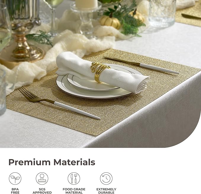 Leetaltree Gold Placemats Set of 6 - Heat Resistant Non-Slip Place mats for Dining Table, Washable Durable PVC Vinyl Woven Table Mats(Luxury Gold, 6)