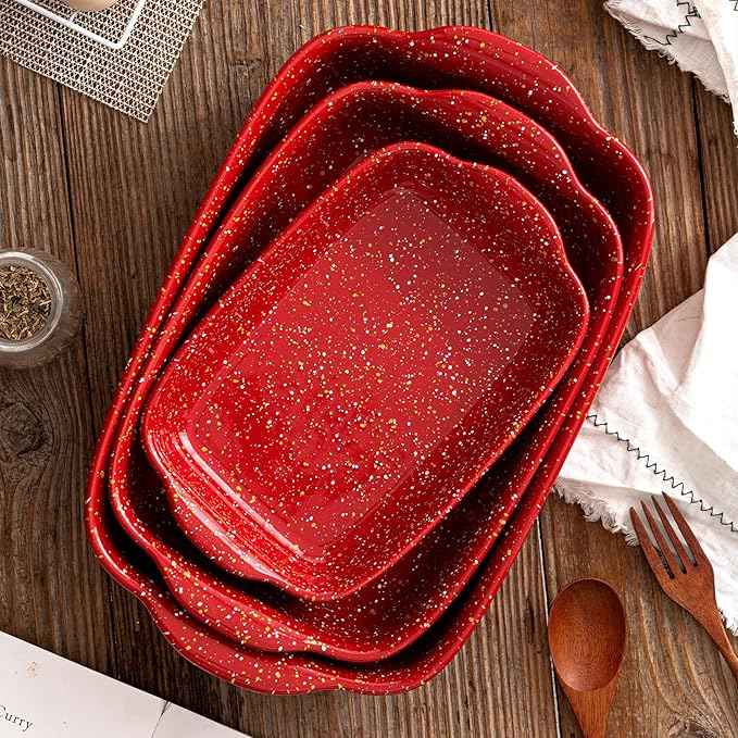 3-Pack Ceramic Lasagna Pan,Heavy-Duty Rectangular Baking Dishes, High Heat Resistant Oven-Safe Stoneware Casserole with Handles,Home Baking,Speckle Series(13.8''/12''/9.6'' Red)