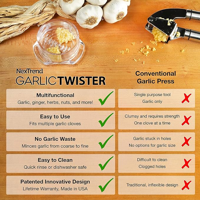 Nextrend Garlic Twister 4th Gen – Garlic Mincer & Garlic Press in One, for Ginger, Herbs, Nuts & more, BPA-Free, Dishwasher Safe, 3–5 Clove Capacity - Purple