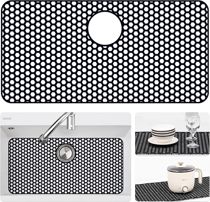 Bestjing Silicone Sink Protectors for Kitchen Sink with Rear Drain - 28.3"x 15.7" Kitchen Protector Accessory, Non-Slip Heat Resistan Mat for Bottom of Farmhouse Stainless Steel (Rear Hole, Black)