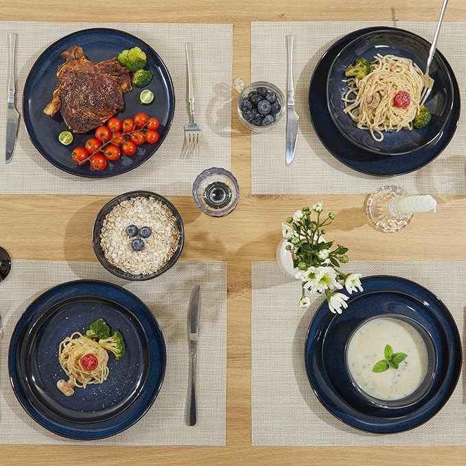 18 Piece Stoneware Dish Set for 6, Reactive Glaze Ceramic Plates and Bowls Set | Coastal‑Inspired Irregular Design for Casual Entertaining & Intimate Dinners | Dishwasher & Microwave Safe