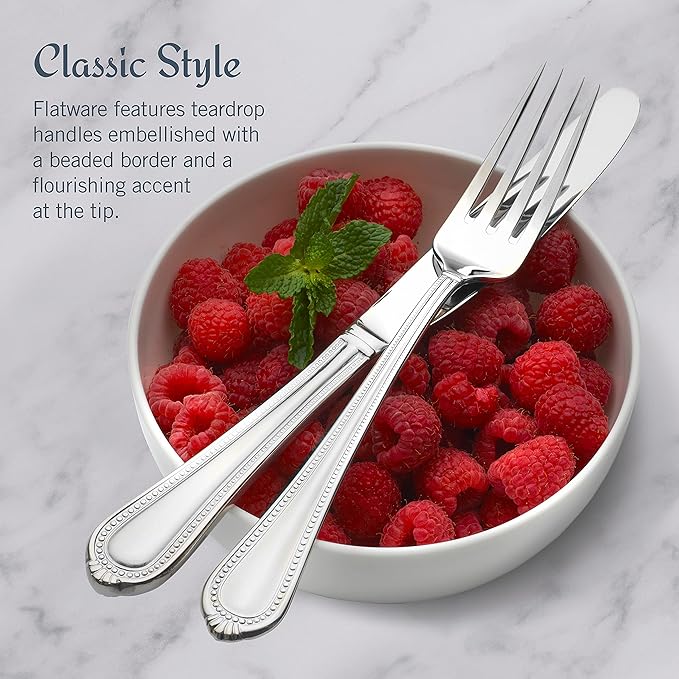 Mikasa Regent Bead 65-Piece Silverware Set, 18/10 Stainless Steel Flatware Service for 12, Includes 5 Serving Tools, Dishwasher Safe Polished Cutlery