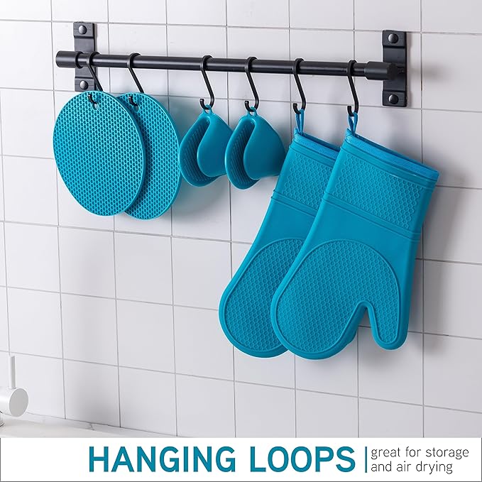 COOK WITH COLOR Silicone Oven Mitts- Heat Resistant Gloves with Soft Quilted Lining Oven Mitt Pot Holders for Cooking and BBQ, Teal, Mitt Set