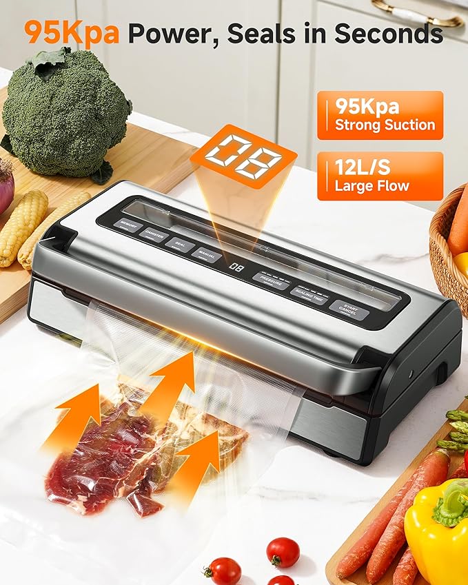 95KPa Automatic Vacuum Sealer, 9-in-1 Food Sealer for Dry/Moist/Liquid Foods, Double Heat Seal & Pump, Includes Bag Rolls & Hose, Stainless Steel