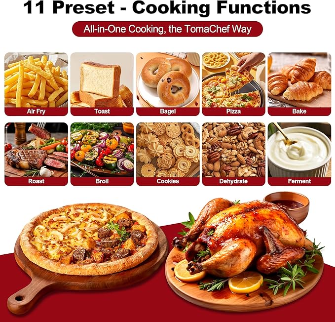 TomaChef Air Fryer Toaster Oven Combo, 26.5QT Large Capacity with Visible Window, 11-in-1 Countertop Toaster Oven, 85% Less Oil Healthy Cooker for Family, PFAS Free & Stainless Steel