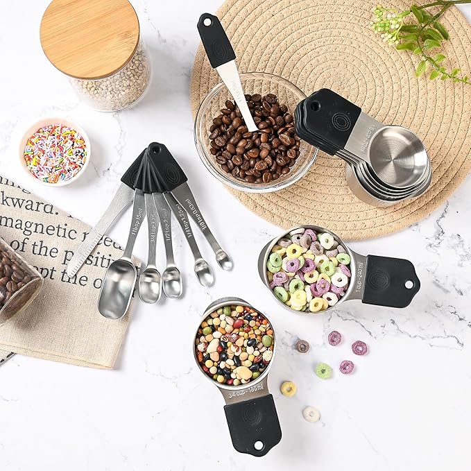 Magnetic Measuring Cups & Spoons Set 14, Heavy Duty Stainless Steel Measuring Cups and Spoons Set for Baking & Cooking, BPA Free, Round Measuring Set with Leveler, Black