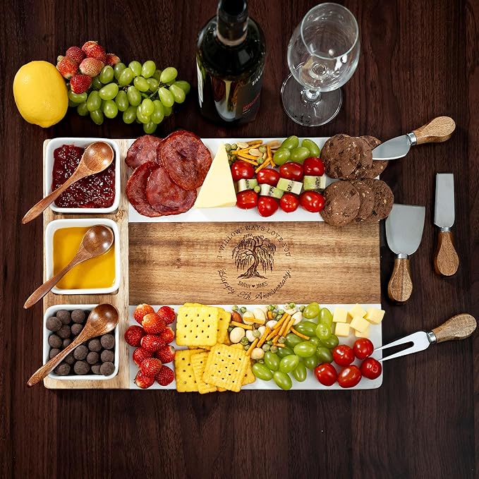 Personalized 9th Anniversary Marble Charcuterie Board, 9th Anniversary Cheese Board - Charcuterie Boards Gift Set for Wife, Willow Gifts for Wedding