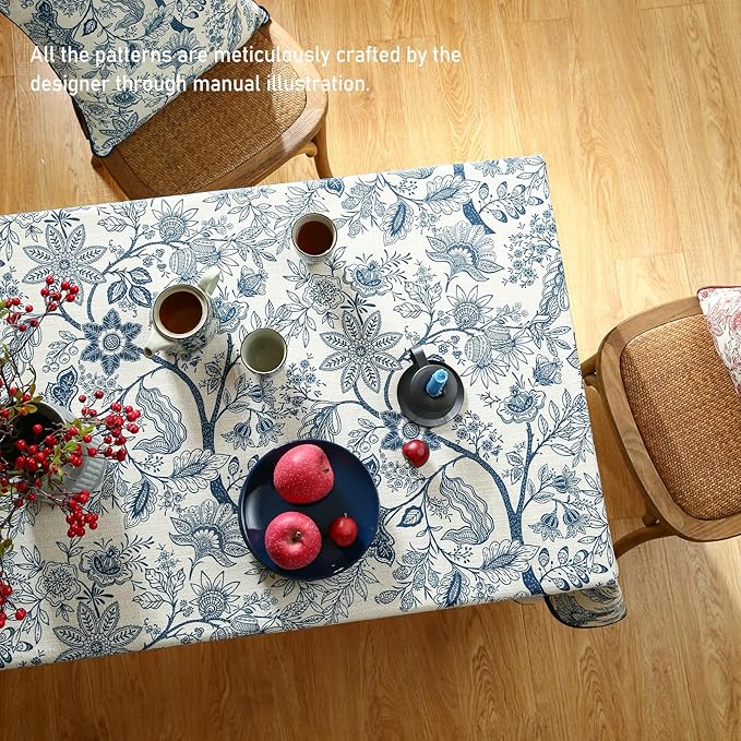 ISAENNE Designer French Linen Small Square Tablecloth,Blue Floral Washable Indoor Table Cloth,Durable Home Decor Tablecloths for Dining Thanksgiving Kitchen Tea Party Christmas,55"*55"-Ruyi B