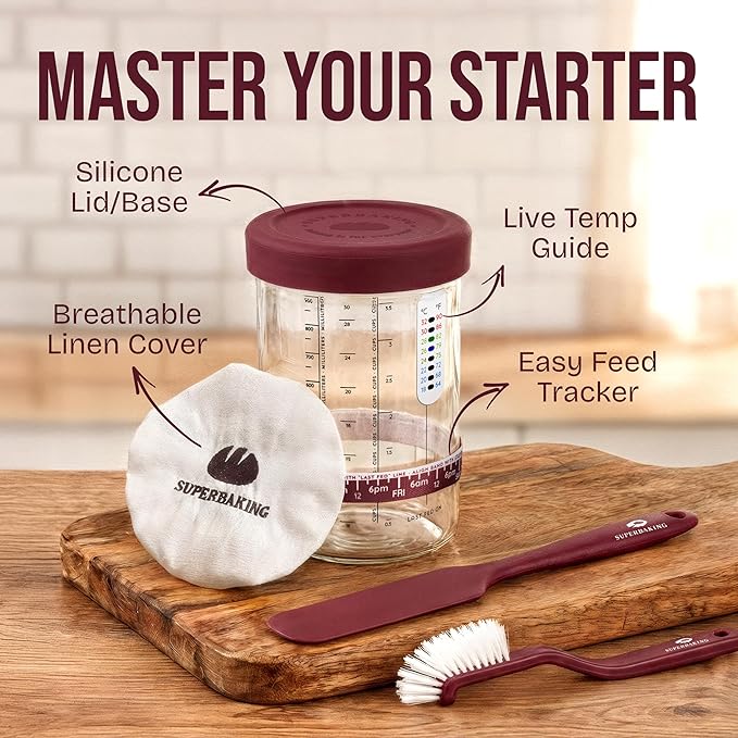 Superbaking Sourdough Starter Kit, 9" Splinter-Free Banneton Bread Proofing Basket Set with Non-Stick Silicone Dough Sling & Glass Starter Jar Kit, Sourdough Bread Baking Supplies, Sourdough Tools