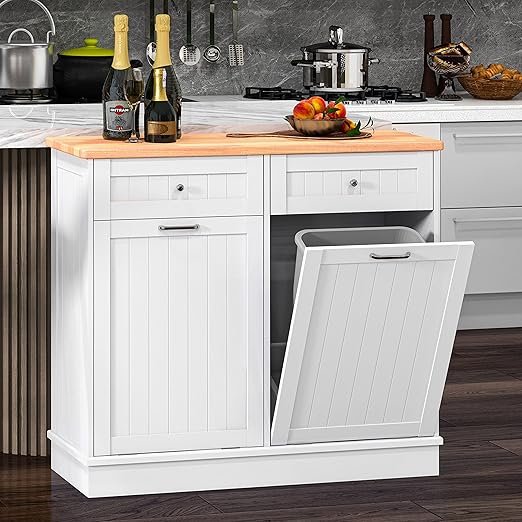 TOLEAD Double Tilt Out Trash Cabinet Free Standing 10 Gallon Recycling Trash Can Cabinet for Farmhouse Kitchen,Living Room, Dining Room, White