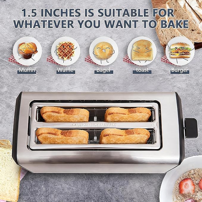 4 Slice Long Slot Stainless Steel Toaster with Extra Wide 1.5” Slots, 6 Shade Browning Settings, Defrost Reheat Cancel Functions, Even Toasting for Artisan & Sourdough Bread, Removable Crumb Tray