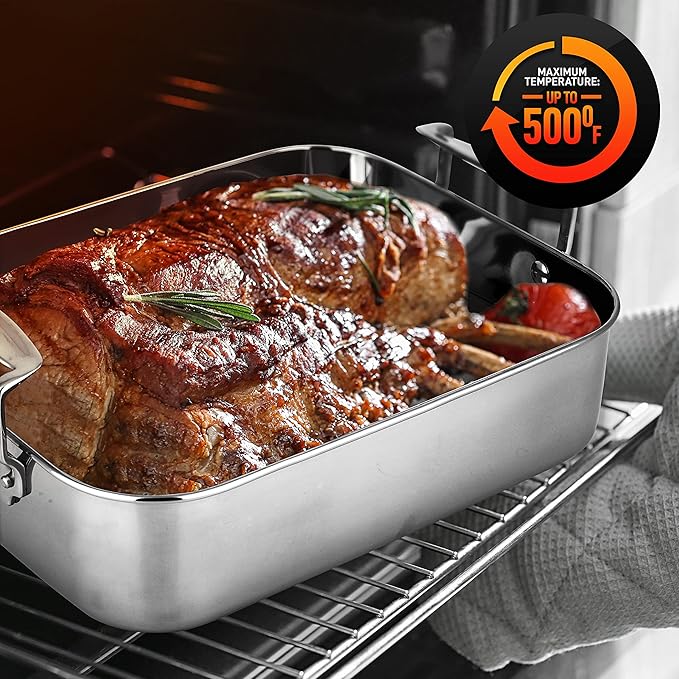 NutriChef 14-Inch Stainless Steel Kitchen Roasting Pan with Polished Wire Rack - Versatile Baking Set for Turkey, Chicken, Meats, & More - Premium & Heavy Duty Roaster for Oven w/ Built-In Handles